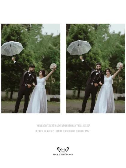 A playful and joyous moment as the couple celebrates under an umbrella, a beautiful memory of their special day.