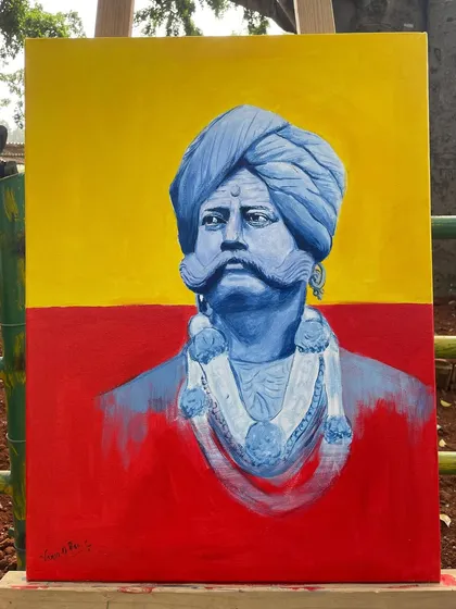 A closer look at the finished portrait of Nada Prabhu Kempegowda, showcasing the details in his expression and traditional attire.
