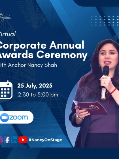 This graphic is for a Virtual Corporate Annual Awards Ceremony, highlighting my experience and capability in hosting online events seamlessly.