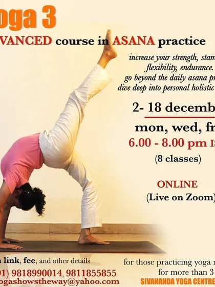 For those practicing for more than three months, our advanced asana course is designed to increase strength, stamina, and flexibility. We will practice over 80 asanas and go deeper into pranayama.