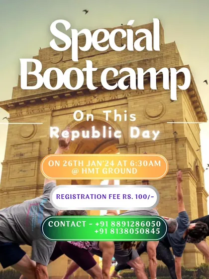 We love bringing our community together for special events. This poster announces our Republic Day bootcamp, an opportunity for everyone to start the day with a powerful and patriotic workout session.