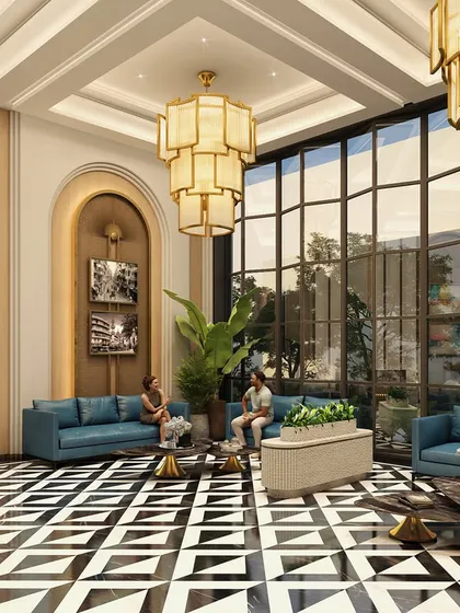 The lobby of Empire Tower is a celebration of Art Deco-inspired grandeur. Soaring ceilings, rhythmic geometry in the flooring, and rich stone finishes with polished metal accents create an atmosphere that is both opulent and inviting, a true prelude to the luxury that awaits.