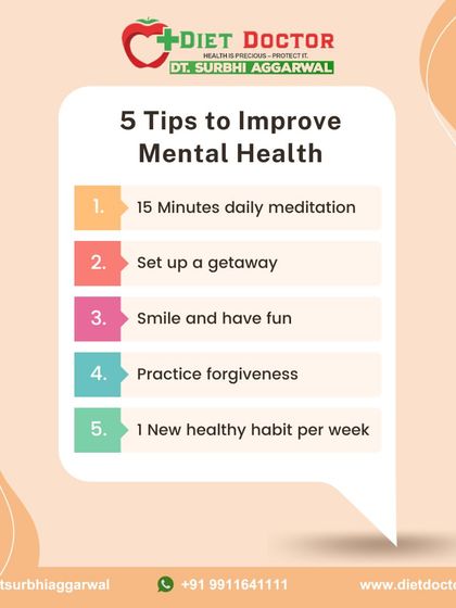 Here are five tips to improve your mental health. Incorporating 15 minutes of daily meditation or starting one new healthy habit per week can have a profound impact on your overall well-being.