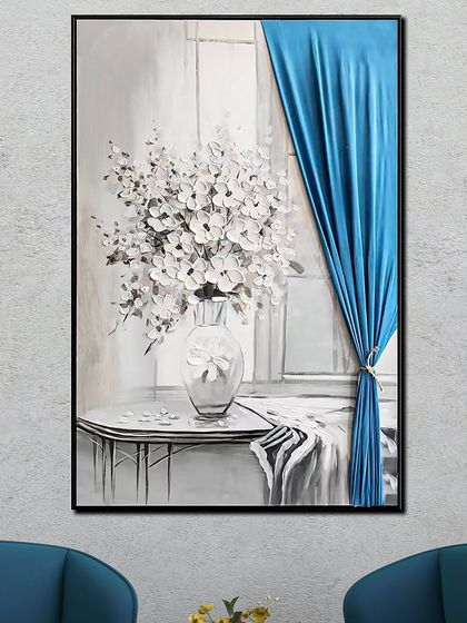 This unique mural combines painting with 3D elements. It depicts a vase of white flowers by a window, but the blue curtain is a real, textured element that pops out from the canvas, creating a piece you can almost feel.