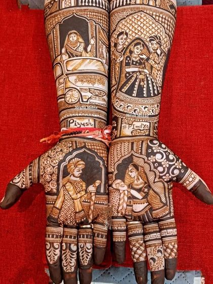 A unique design showing the vidaai ceremony, with the bride waving from a car. It's a modern twist on a traditional story.