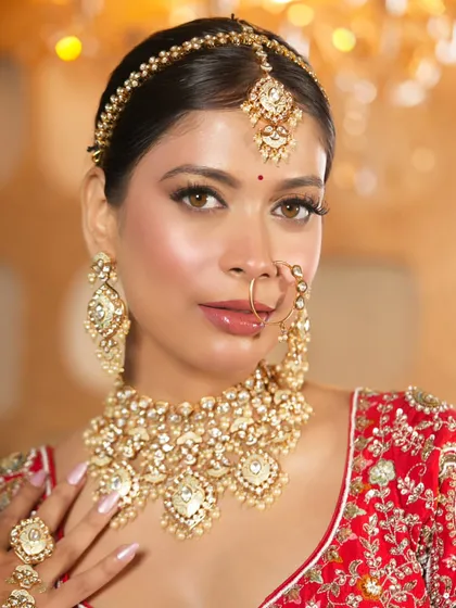 A closer look at the exquisite craftsmanship you can expect. My rental service includes perfectly matched art jewellery, from statement necklaces to delicate nath designs, to complete your traditional bridal look with authentic, royal flair.