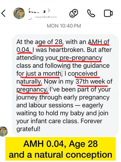 This message is a powerful reminder to always trust your body. After being told a natural conception would be difficult with a low AMH, this mother followed the guidance for just one month and conceived naturally. Your journey is unique, and with the right support, miracles can happen.