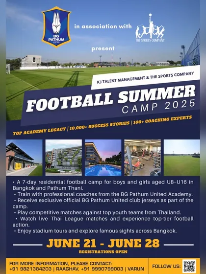 Here are all the details for our 2025 Football Summer Camp in Thailand. This 7-day residential program is a unique opportunity for young players (U8-U16) to train with professional coaches from the BG Pathum United Academy, play competitive matches, and experience top-tier Thai football culture.