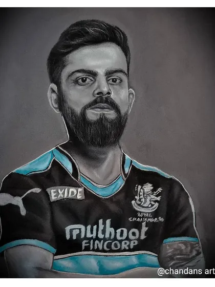 A portrait of Virat Kohli, the 'King' of cricket, made with charcoal and white stone powder. This medium is great for creating strong contrast and a powerful mood, perfect for capturing the intensity of iconic personalities. This is a popular choice for celebrity portraits and fan art.