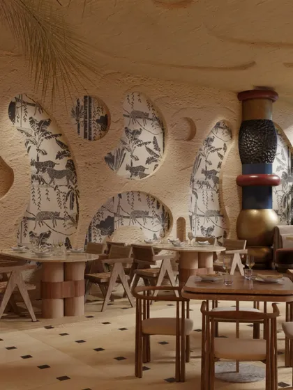 Another view of the intimate dining area, where sculptural table bases and a monumental, totem-like column create a powerful visual statement. The design merges luxury with the untamed spirit of the jungle.