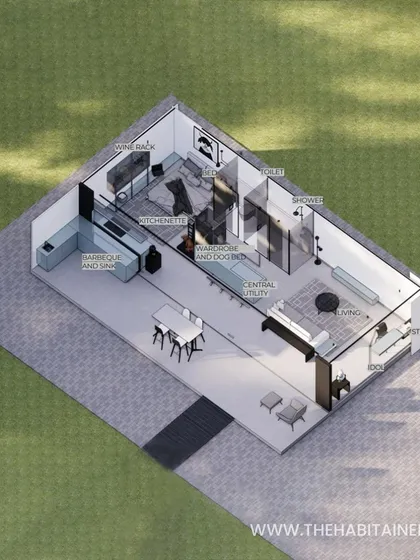 An isometric view of a studio concept made from two 40ft shipping containers. This layout shows how I can create a fully functional living space with a study, living area, kitchenette, and bedroom, all within a container.