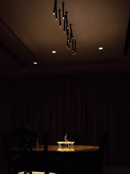 For this formal dining room, the focus is entirely on the table. I used a minimalist pendant fixture with multiple narrow beams of light to create dramatic pools of illumination on the tabletop, setting an intimate and theatrical mood for dining.