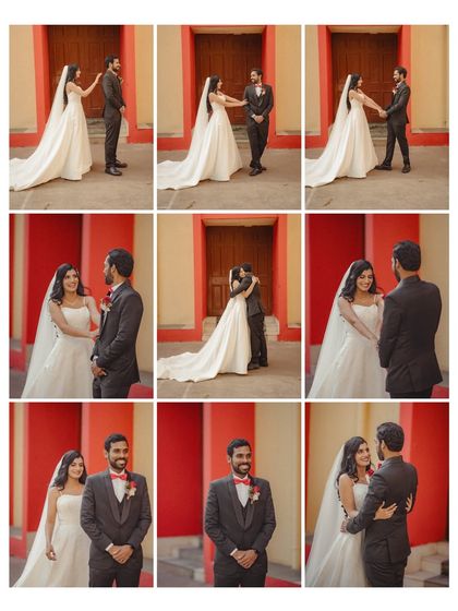A nine-image grid telling the full story of the couple's first look before the ceremony. It captures the anticipation, the reveal, and the emotional embrace.