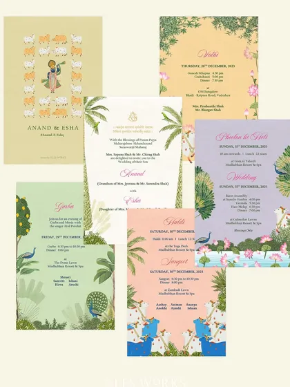 I love incorporating traditional art into my designs. This suite was inspired by Pichhwai paintings, featuring custom illustrations of Lord Krishna, Kamadhenu, and vibrant peacocks, each card telling a part of a larger story.