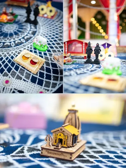 A collage of the unique and traditional decorative items used in a wedding ceremony, showcasing the couple's personal touches.