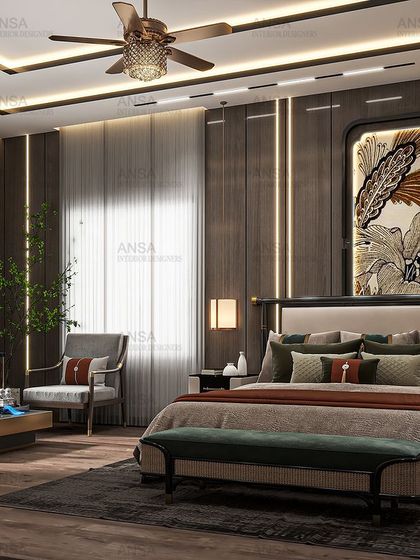 This bedroom design features a stunning backlit floral panel that doubles as a TV backdrop. The room combines sleek wood finishes, plush fabrics, and warm lighting to create a sophisticated and comfortable retreat with a strong connection to nature.