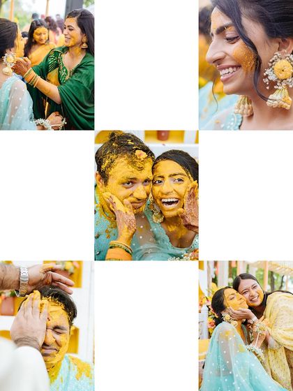A collage of the bride and groom getting playfully smeared with turmeric by their loved ones.