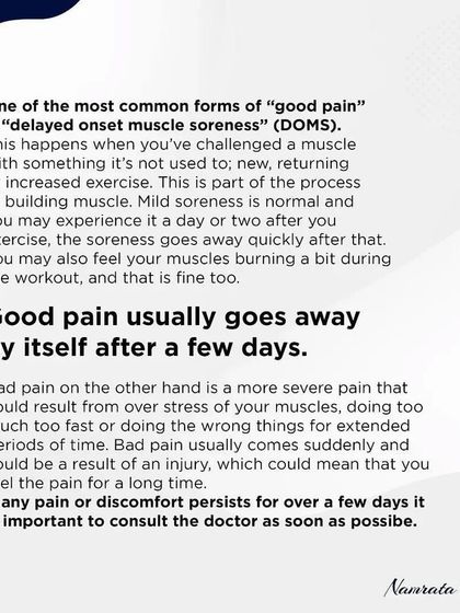 This image explains Delayed Onset Muscle Soreness (DOMS), a common form of "good pain" that occurs after a new or intense workout. Understanding this process is part of learning how your muscles adapt and grow stronger.