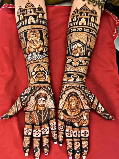 A detailed bride and groom portrait on the palms, with a Ganesha figure and the bride's name, "Neha," beautifully integrated into the design.