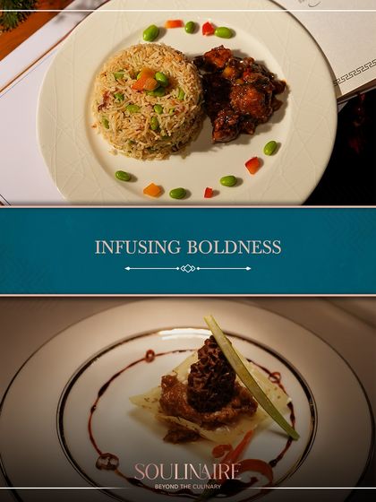 A collage showing our boldness in flavour, with dishes like Edamame Fried Rice and a creatively plated meat dish. We are constantly pushing culinary boundaries.