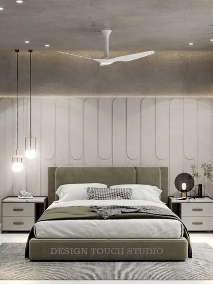 A full view of the bedroom render, showing the balance of soft, neutral tones and modern furniture.