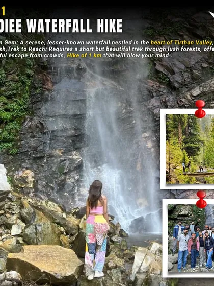 Our Jibhi-Tirthan Valley itinerary includes a short but beautiful hike to the hidden Choiee Waterfall, a peaceful escape from the crowds.