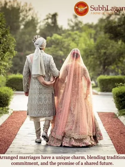 A bride and groom walk down a path in a lush garden, arm in arm. We believe in the unique charm of arranged marriages, blending tradition with the promise of a shared future.