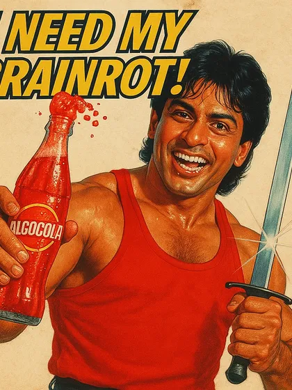 A fake ad for a drink called 'Alcocola' with the tagline 'I NEED MY BRAINROT!'. This is a satirical take on consumer culture and our addiction to low-quality content, presented in a vintage ad style.