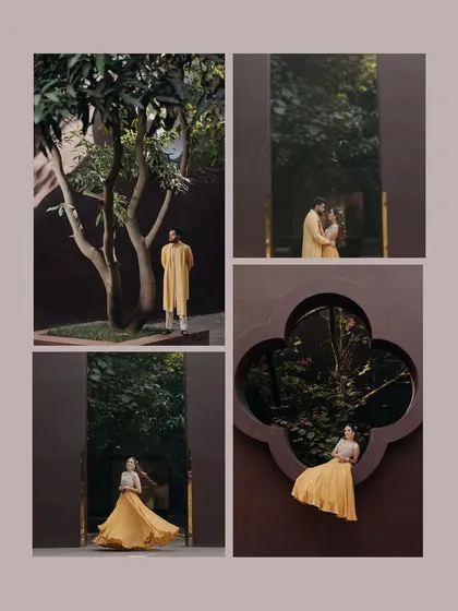 A collage of creative shots from Shrey and Ragini's Haldi. This collection highlights our artistic compositions and the couple's playful, romantic interactions.