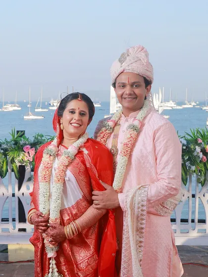 A beautiful portrait of the bride and groom at their seaside Gujarati wedding. I provided makeup for both to ensure they looked picture-perfect.