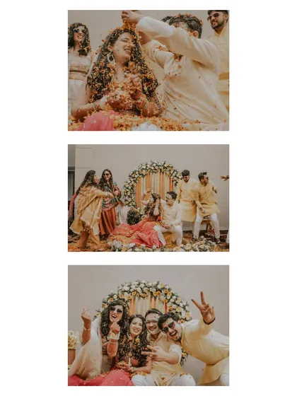 A collage capturing various moments from a haldi, including the couple being showered with petals and posing with friends.