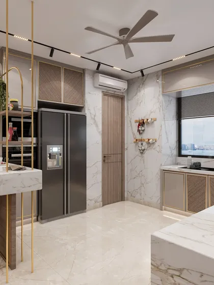 This wide shot shows the full scope of the kitchen, including the breakfast bar with decorative shelving and the ample storage solutions. The space is both beautiful and practical.