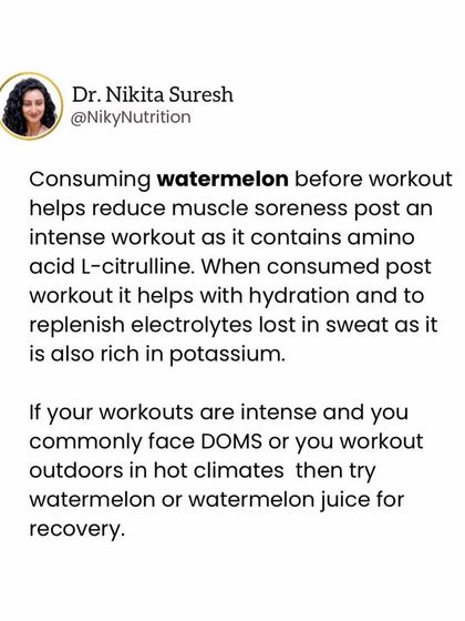 Did you know watermelon is a great pre and post workout snack? It contains L-citrulline to reduce muscle soreness and potassium to replenish electrolytes.