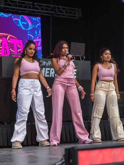 The talented Rolex Rasathy and her crew on stage. I love providing a platform for Tamil and other South Asian artists to reach new audiences at my large-scale festivals.