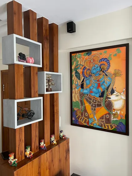 The completed Krishna mural, framed and beautifully displayed in my client's home. Seeing my art become a centerpiece that brings joy and a spiritual ambiance to a space is the most fulfilling part of my work.