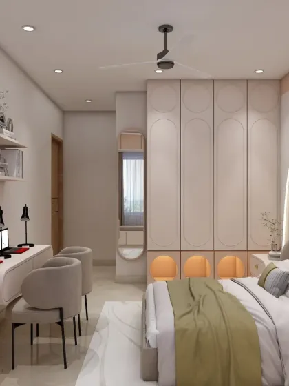 This bedroom is designed for shared use, featuring a long study desk with space for two. The headboard wall has a unique, flowing design with backlighting, creating a calm and creative atmosphere.