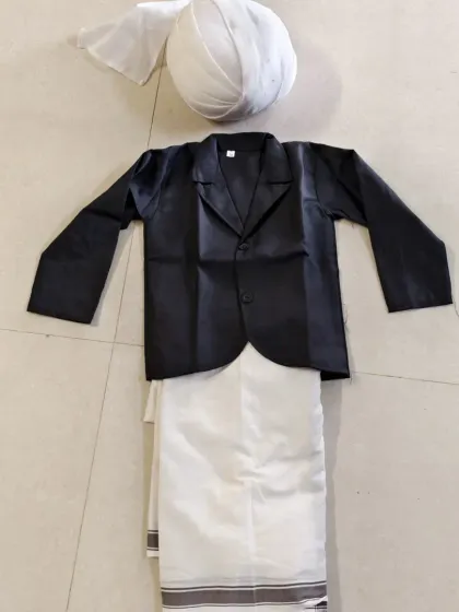 I offer a variety of costumes of national leaders for school events. This outfit, including the black coat, white veshti (dhoti), and turban, is a great choice for portraying historical figures from Tamil Nadu and India.
