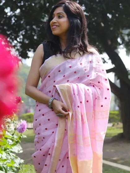 My linen sarees are designed for comfort without compromising on style. This lovely pink linen saree with delicate heart embroidery is soft, breathable, and perfect for a summer day out. It’s an easy-to-wear piece that feels as good as it looks.