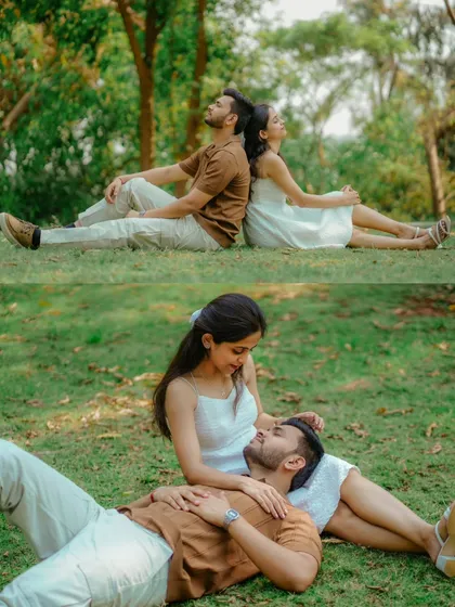 A collage of peaceful moments in a park. It shows the couple relaxing back-to-back and sharing an intimate moment on the grass.