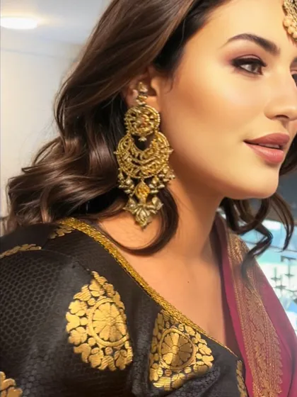 This is a classic traditional wedding guest look. It features defined eyes with kajal, glowing skin, and a lip color that perfectly complements the rich tones of her ethnic wear.