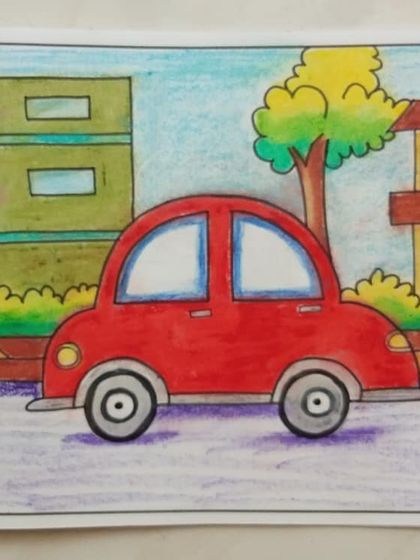 A simple red car in a city scene, drawn by a junior student.