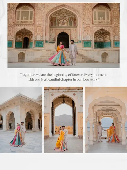 Ankit and Purva in vibrant, colorful traditional wear, walking through the grand gateways of Amer Fort. This collage shows the grandeur of the location.