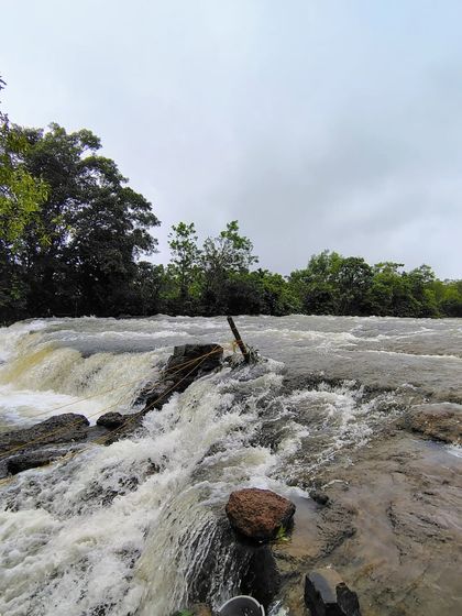 The powerful rush of water at Nipli Falls, a lesser-known but equally beautiful spot we explore near Jog Falls in Shivamogga.