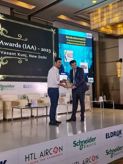 Accepting the IAA 2023 award at the Eldrok India Architecture Summit. We are grateful for the recognition of our expertise in creating green and innovative solutions.