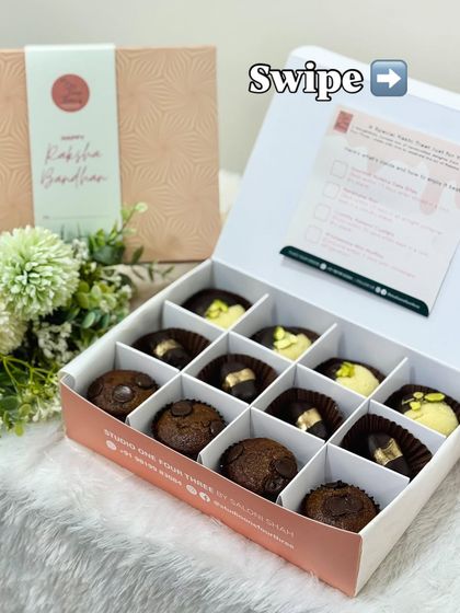 A closer look at one of my Rakhi gift boxes, featuring a mix of chocolate chip muffins and pistachio-topped treats. Each item is made in small batches to ensure freshness and quality for your festive gifting.