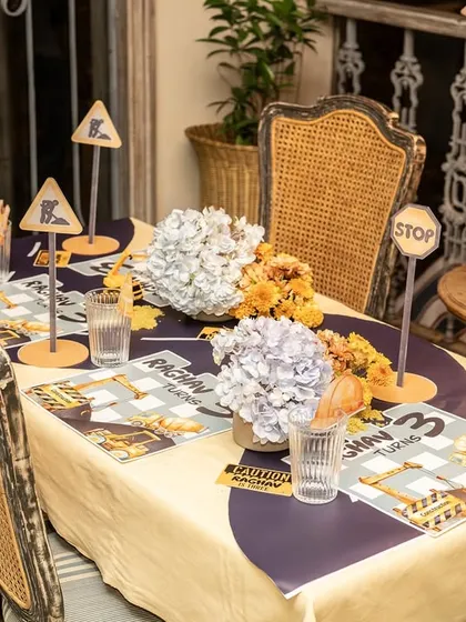 An overview of the adults' table at the construction-themed party, where even the grown-ups could enjoy the playful yet sophisticated decor.