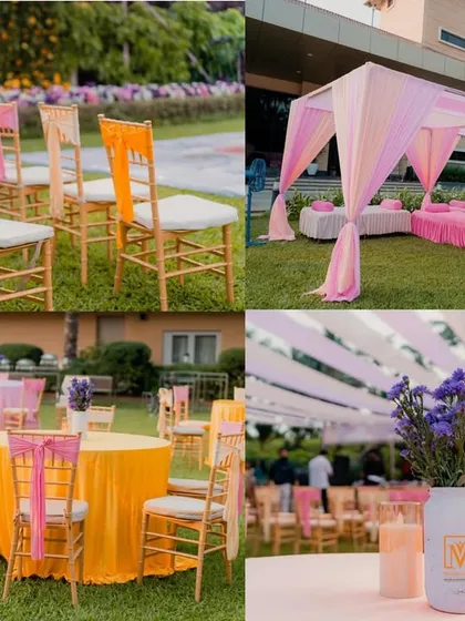 A look at the colorful seating arrangements for a pastel-themed Haldi. I use a mix of orange and pink linens with matching chair ties to create a soft yet festive outdoor setup.