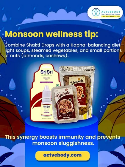 Here's my monsoon wellness tip to prevent sluggishness. This image displays a Kapha-balancing combination of Shakti Drops, almonds, and walnuts, which work together to boost immunity and keep you active on rainy days.