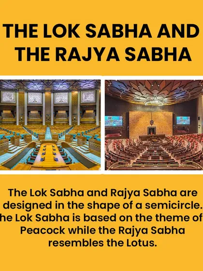 The Lok Sabha and Rajya Sabha chambers are designed in a semicircle shape. The themes are the peacock and the lotus, both of which are beautiful examples of natural symmetry and patterns.