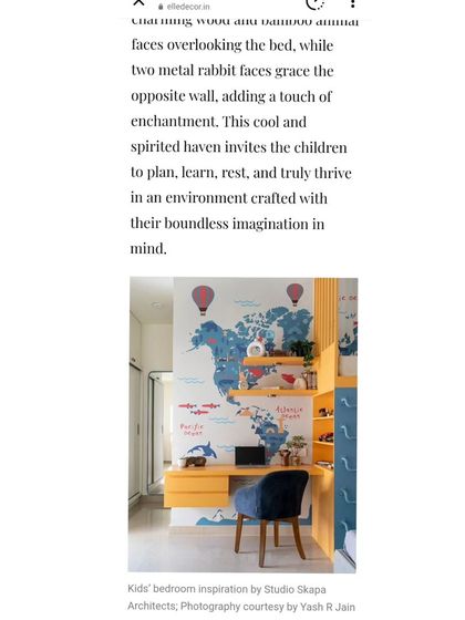 Another clipping from the Elle Decor feature, describing the room as a "cool and spirited haven" that invites children to plan, learn, rest, and thrive in an environment crafted with boundless imagination.